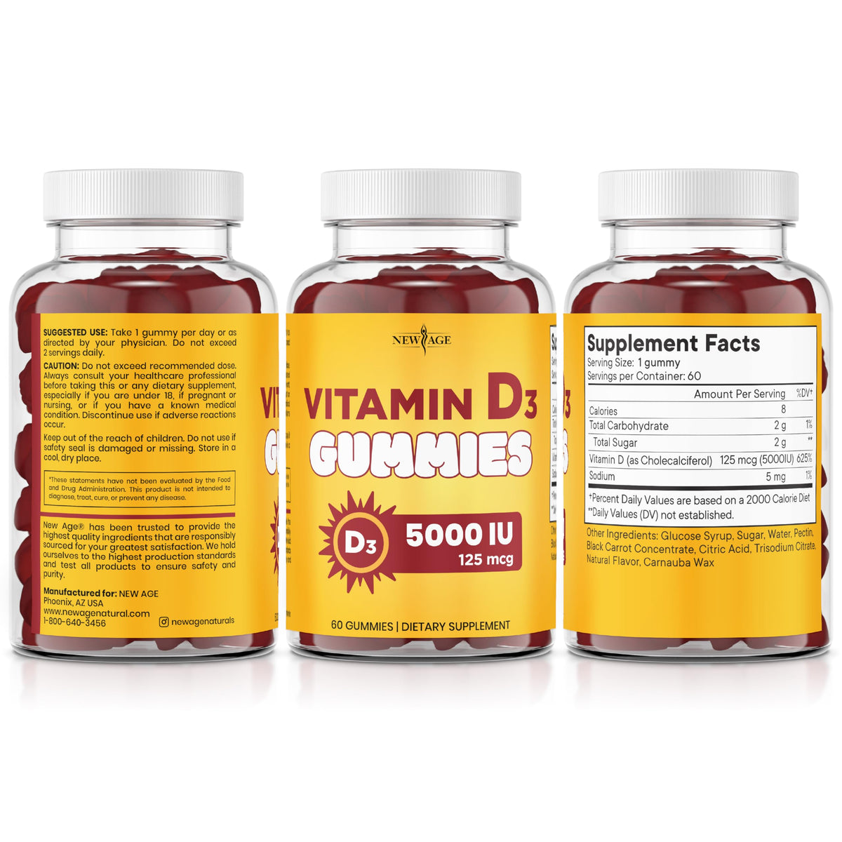 Gummies Vitamine D3 NEW AGE, présentation en lifestyle avec fruits