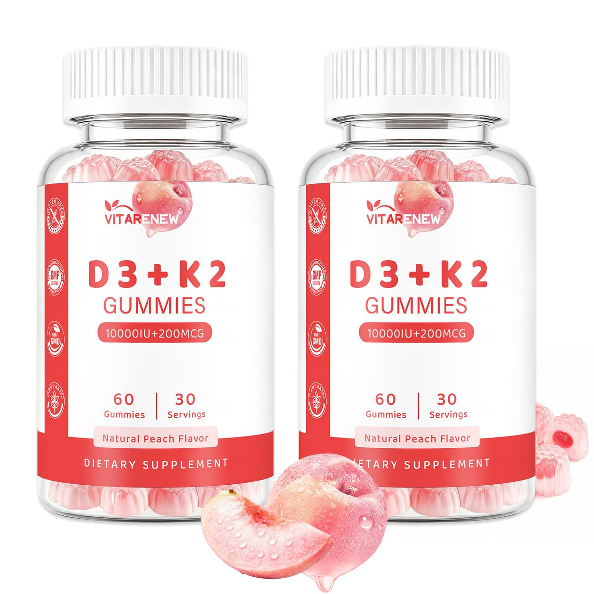 Gummies VITARENEW D3 & K2 120 comprimés saveur pêche, vue de face