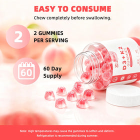 Gummies VITARENEW D3 & K2 avec ingrédients sur fond blanc