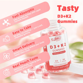 Gummies VITARENEW D3 & K2 sur une table avec fruits
