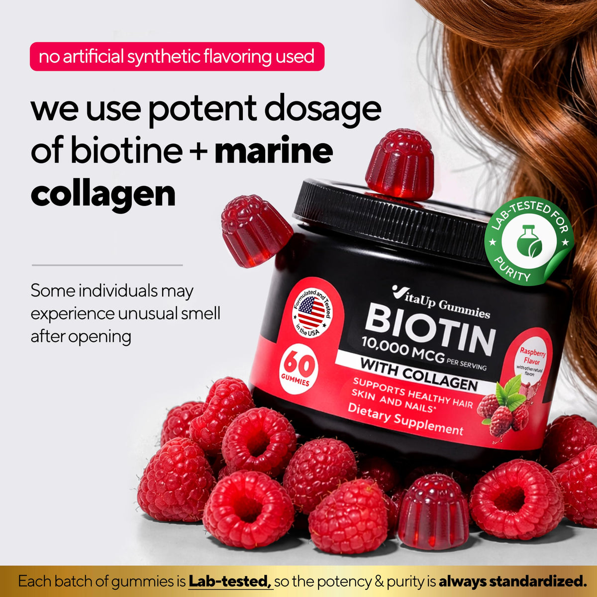 Gummies VitaUp Biotine 10000mcg avec une vue de l'étiquette