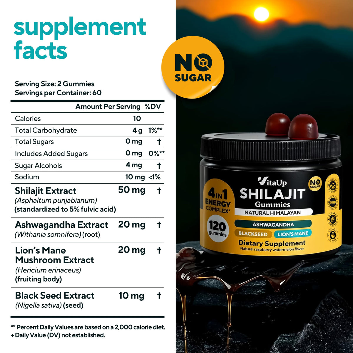 Gummies VitaUp Shilajit montrant la taille des gummies