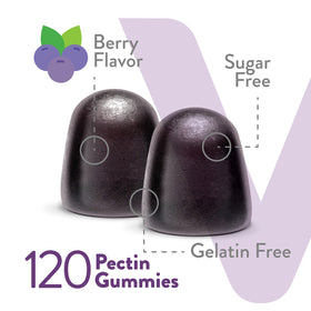 Gummies Viteey de Sureau Noir sur une table avec des baies en arrière-plan