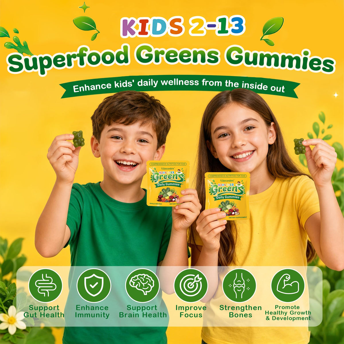 Gummies Vitrcestrs Super Greens, présentation des gummies sur une table