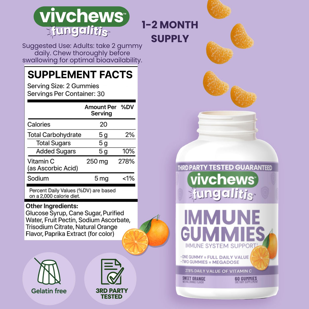 Gummies vivchews avec étiquette, indiquant les ingrédients et la portion