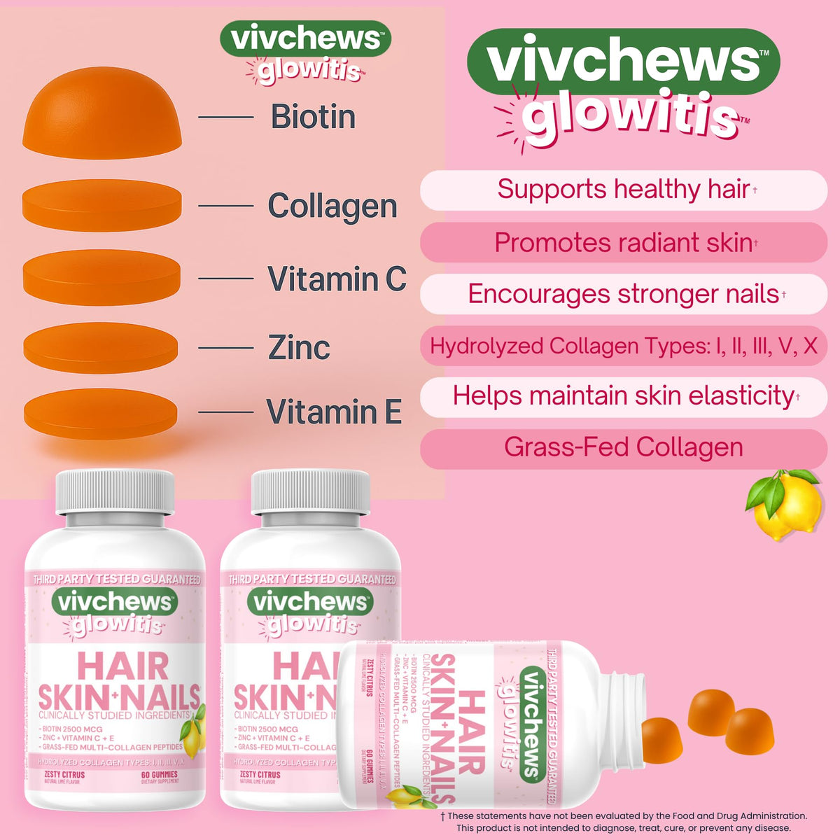 Gummies vivchews Glowitis goût agrumes sur fond blanc