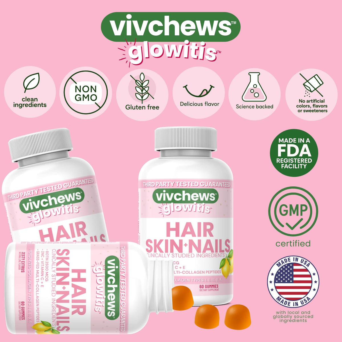 Gummies vivchews Glowitis montrant la texture et la forme