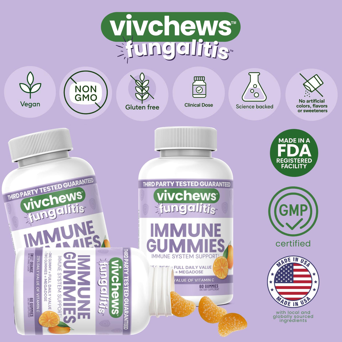 Gummies vivchews sur une table, montrant leur taille et forme