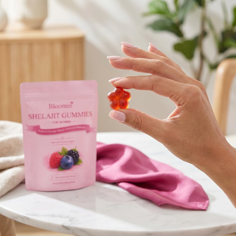 Gummies Vlsdoin Shilajit sur une table, ambiance de santé