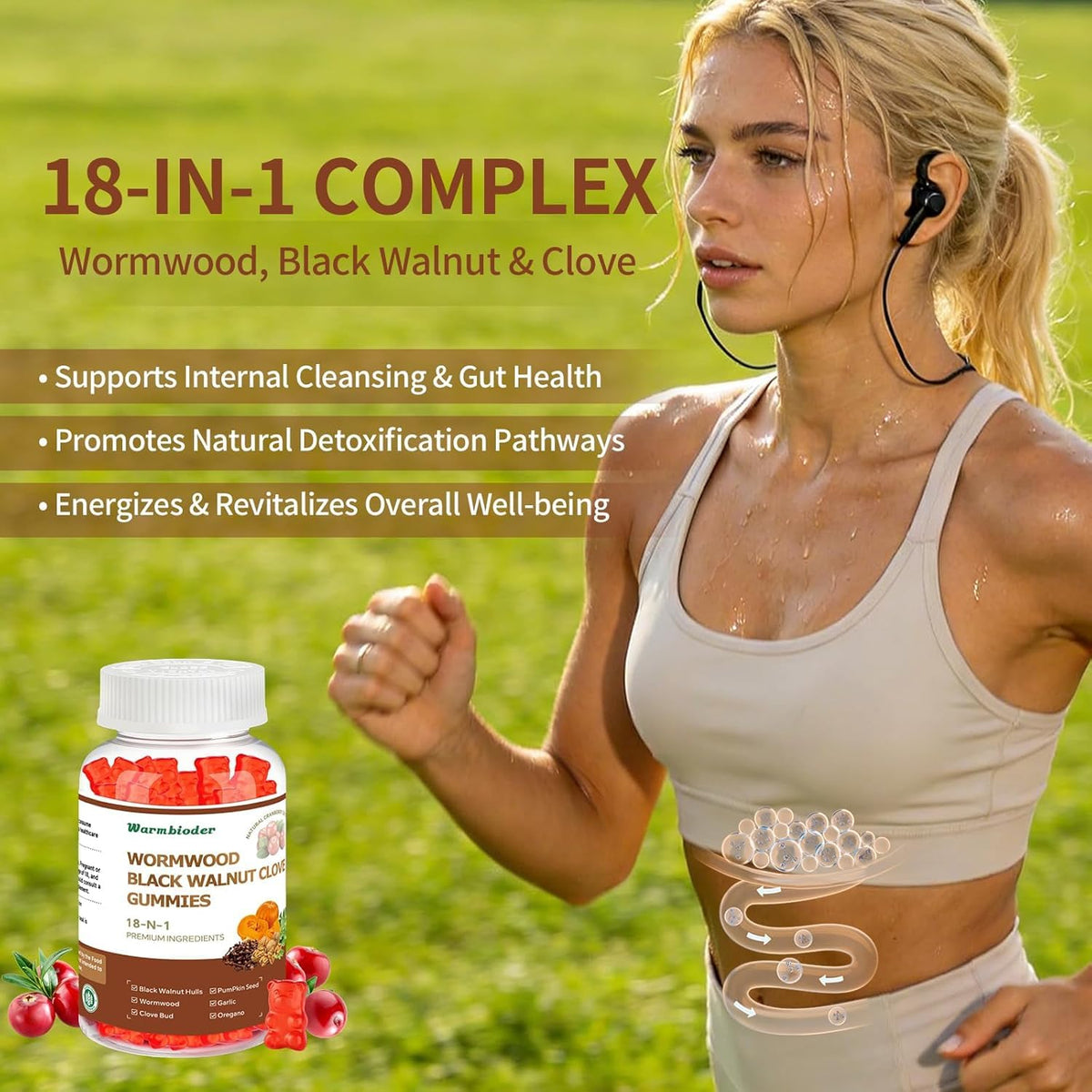 Gummies Warmbioder 18 en 1 avec une main tenant un gummy