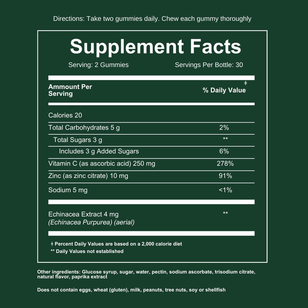 Gummies WEEM avec étiquette indiquant vitamine C, zinc et échinacée