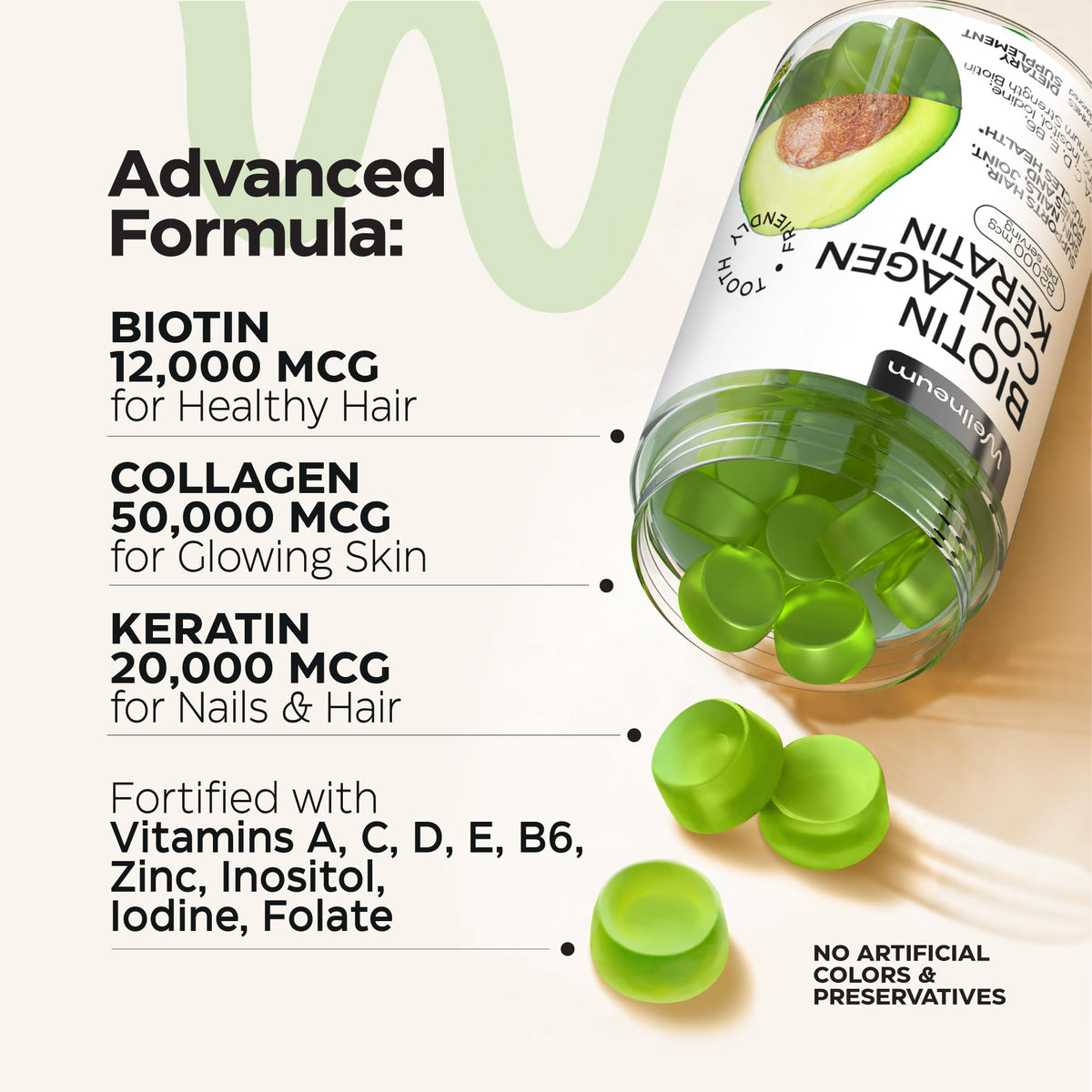 Gummies Wellneum Biotine 12000mcg ouvertes montrant les gummies