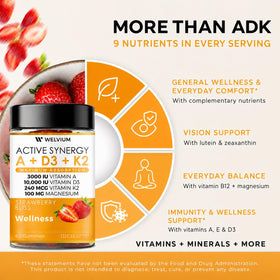 Gummies WELVIUM ADK 10 sur une table avec des fruits frais