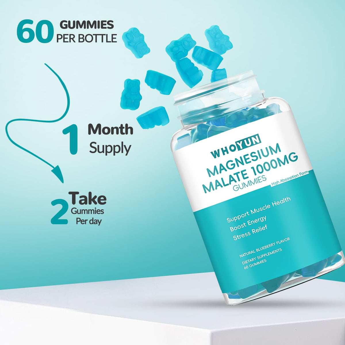 Gummies Whoyun au magnésium malate avec fruits à côté