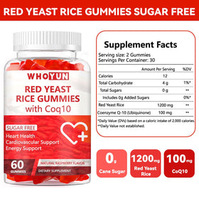 Gummies Whoyun au riz rouge avec CoQ10 et étiquette détaillant les ingrédients
