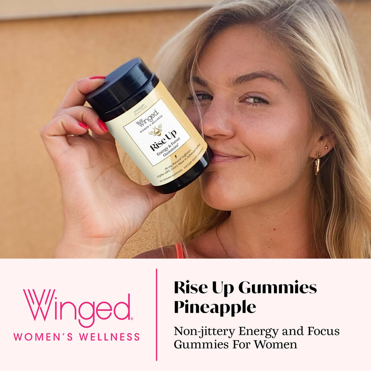 Gummies Winged Wellness Rise Up, vue de côté avec les ingrédients