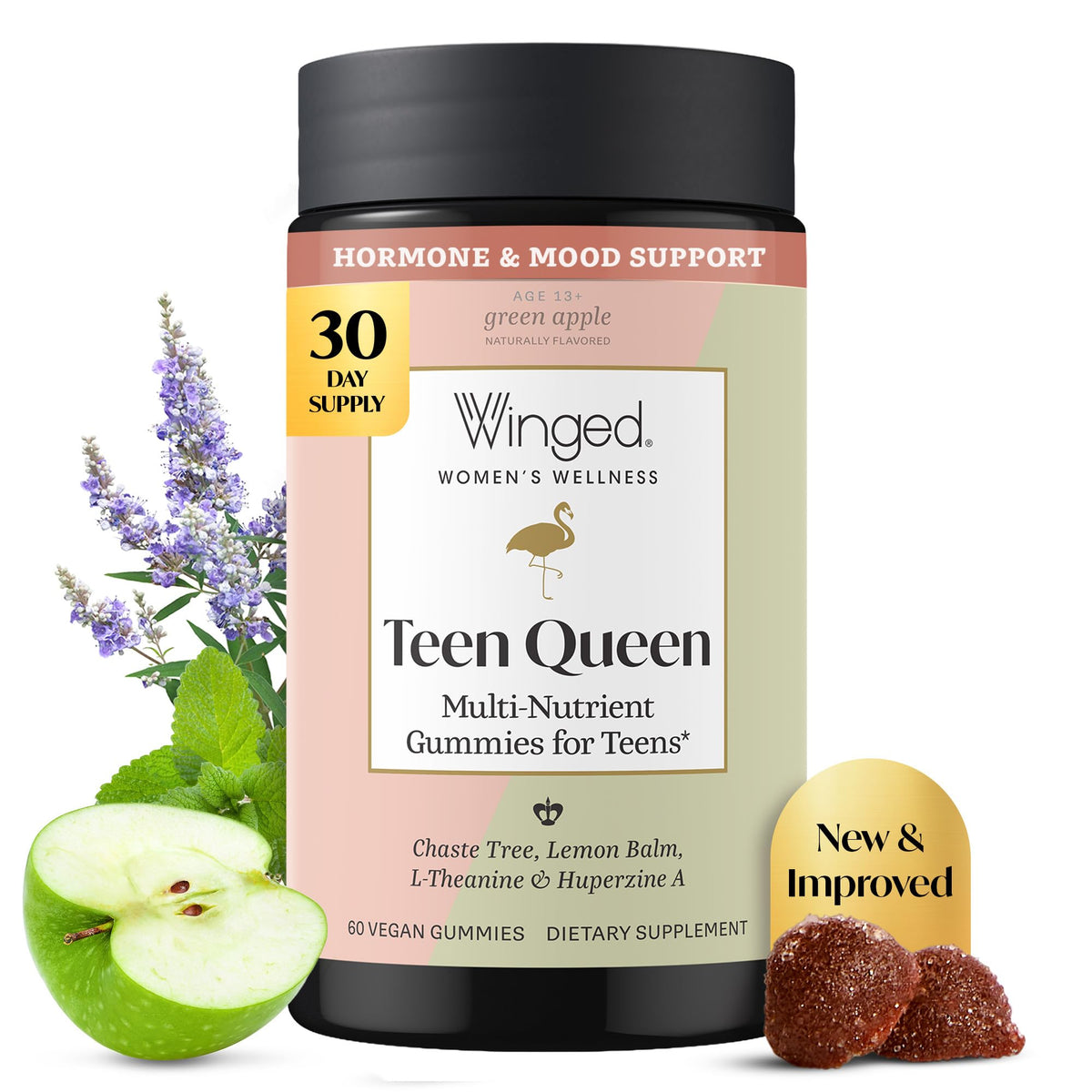 Gummies Winged Wellness Teen Queen au goût pomme verte, boîte de 60 gummies