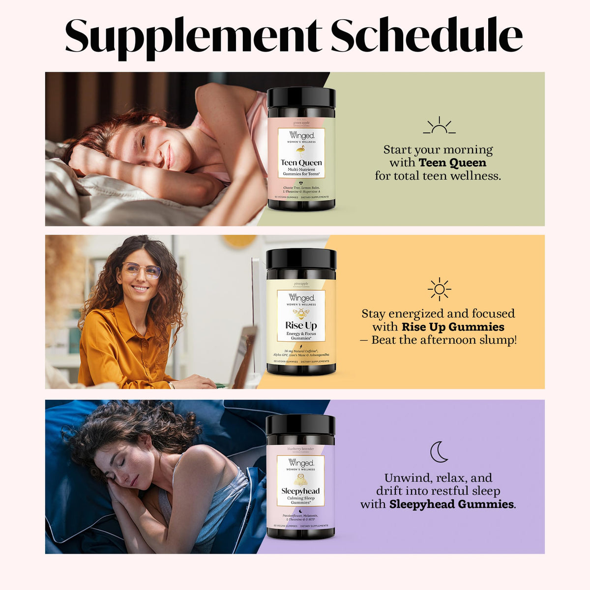 Gummies Winged Wellness Teen Queen avec des fruits frais en arrière-plan
