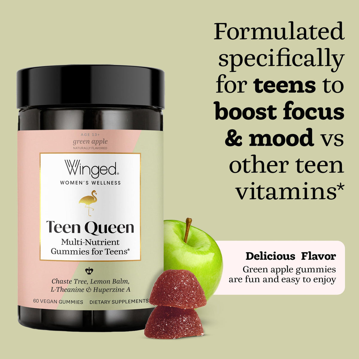 Gummies Winged Wellness Teen Queen, illustration des ingrédients sur l'emballage