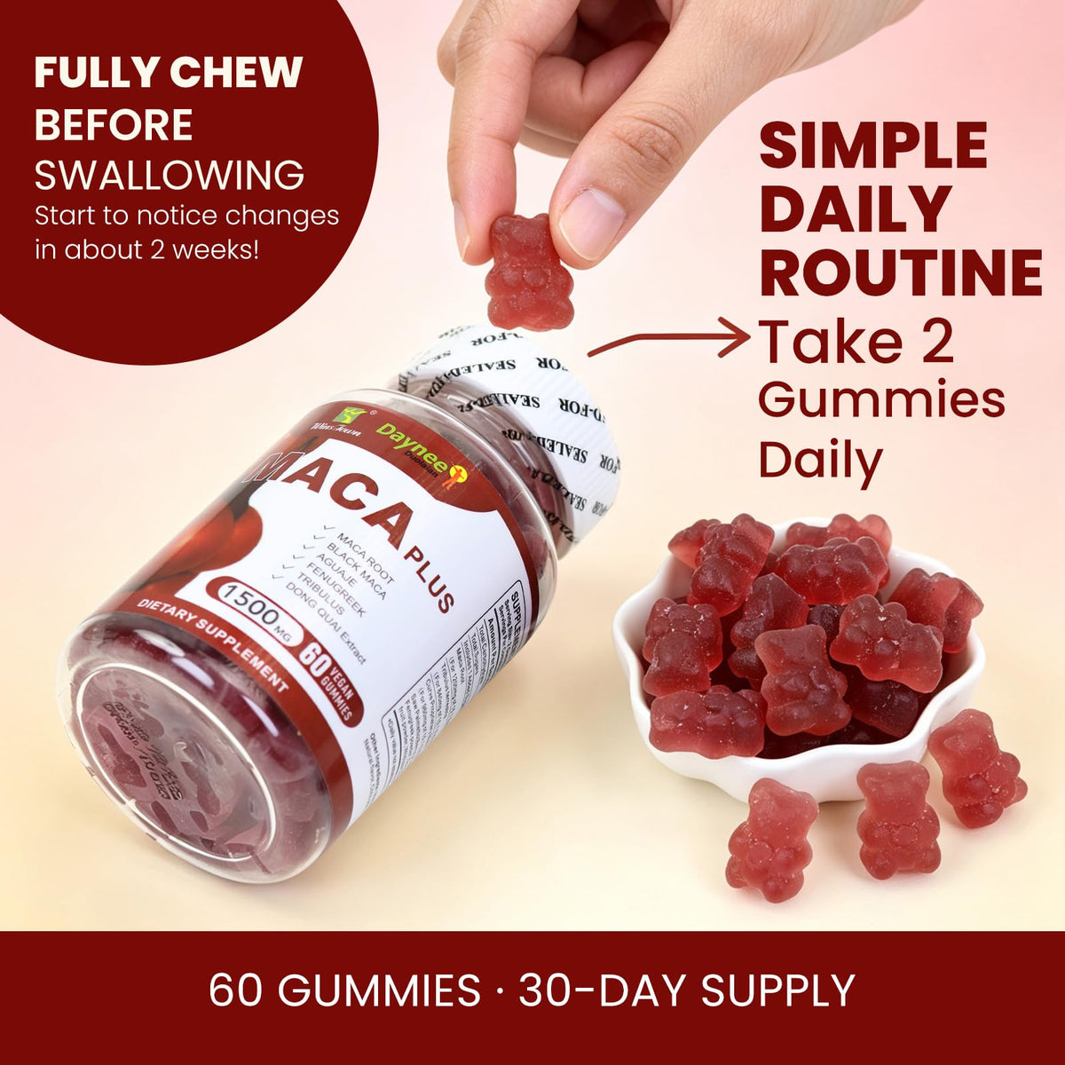 Gummies Wins Town Maca Plus, vue de côté pour montrer leur texture