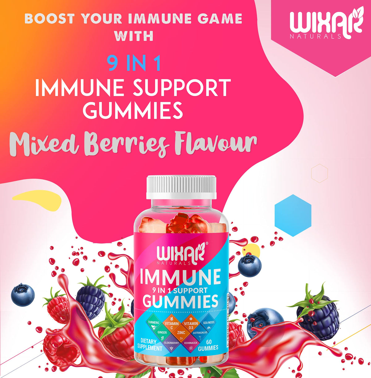 Gummies WIXAR NATURALS de soutien daily wellness, vue de près avec baies