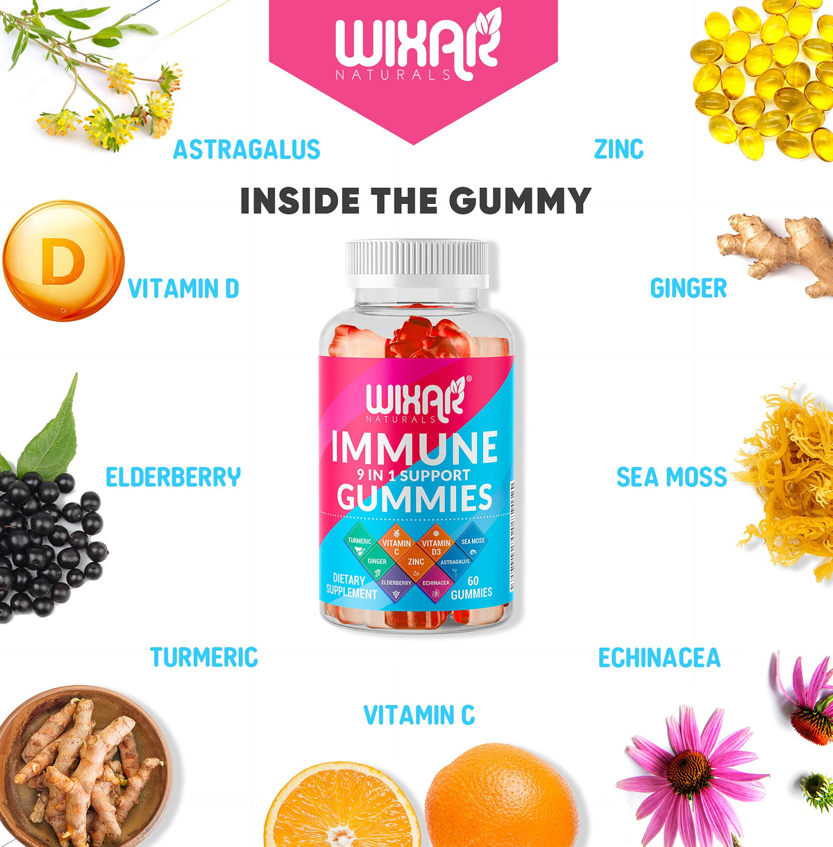 Gummies WIXAR NATURALS sur une table avec des baies de sureau