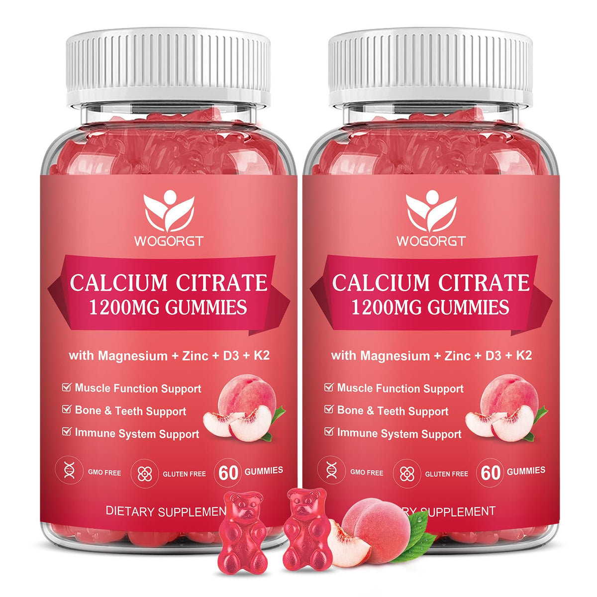 Gummies WOGORGT Calcium Citrate 1200mg en forme de pêche blanche