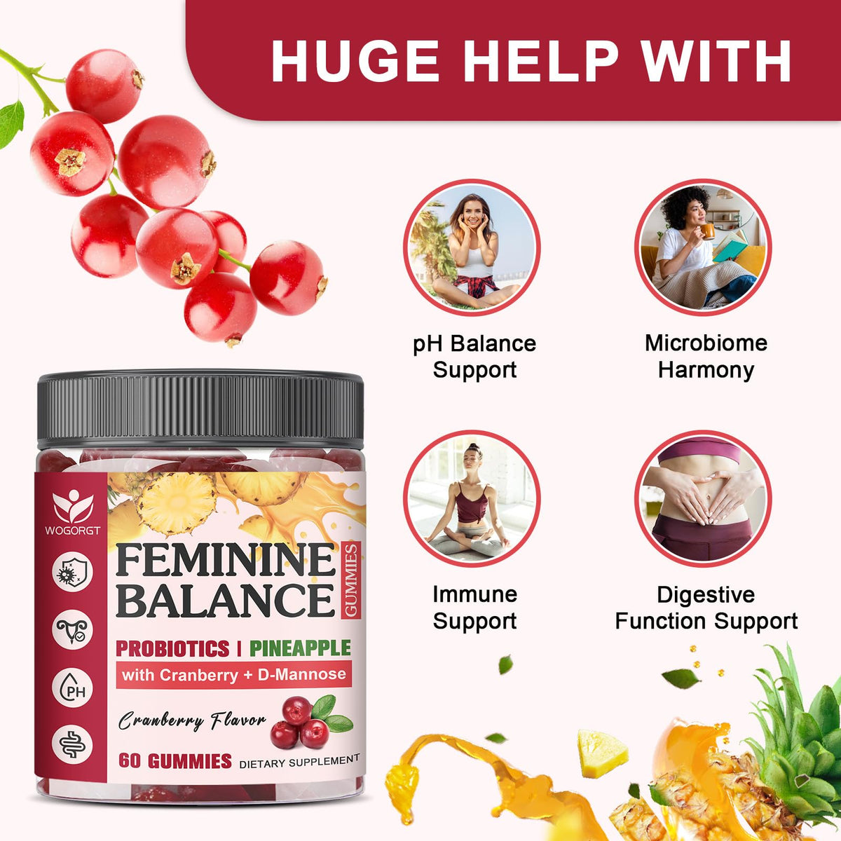 Gummies WOGORGT Équilibre Féminin 60 Ct, gummies sur une table