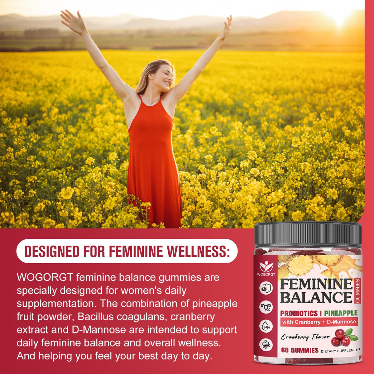 Gummies WOGORGT Équilibre Féminin 60 Ct, ingrédients sur l'étiquette