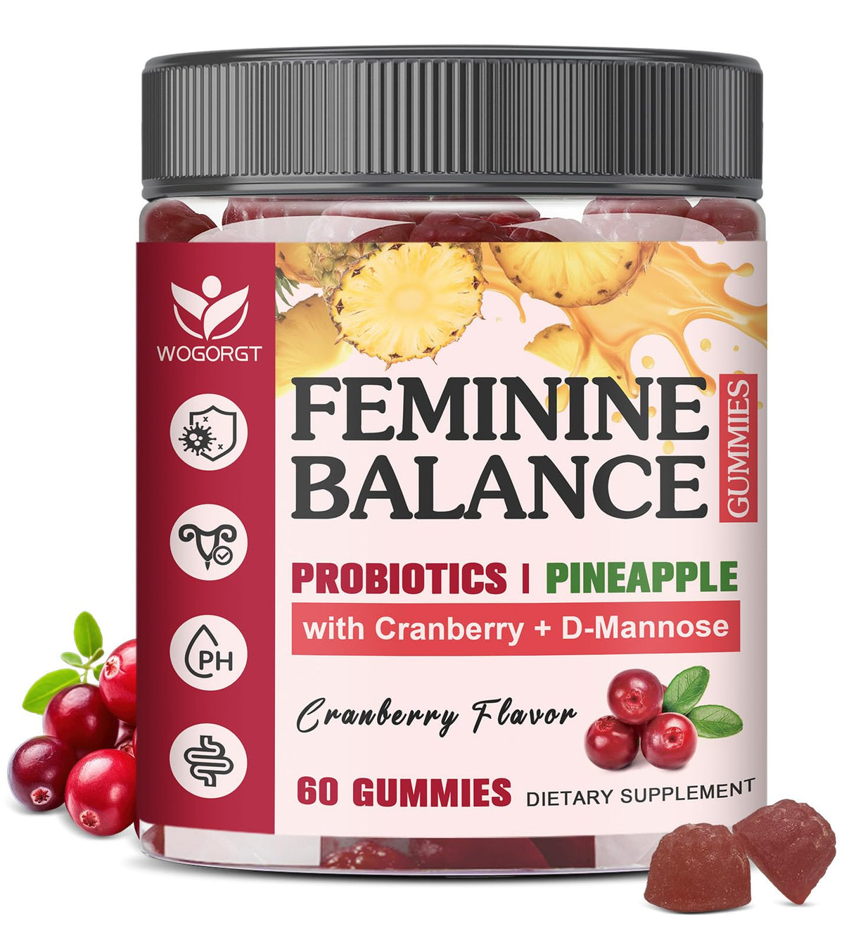 Gummies WOGORGT Équilibre Féminin 60 Ct, pot ouvert avec gummies
