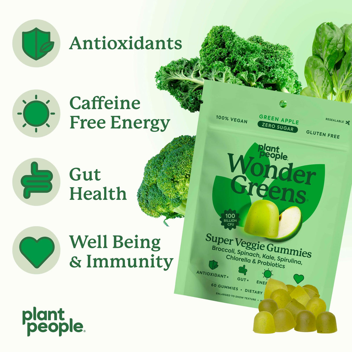 Gummies WonderGreens sur une table en bois