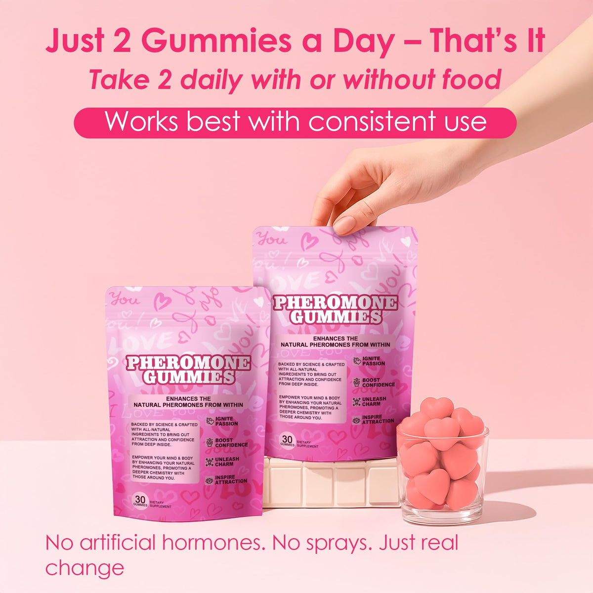 Gummies WOVOEO aux phéromones, ambiance lifestyle avec un verre d'eau