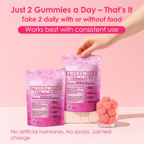 Gummies WOVOEO aux phéromones, ambiance lifestyle avec un verre d'eau