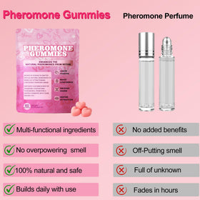 Gummies WOVOEO aux phéromones, ingrédients naturels sur fond blanc