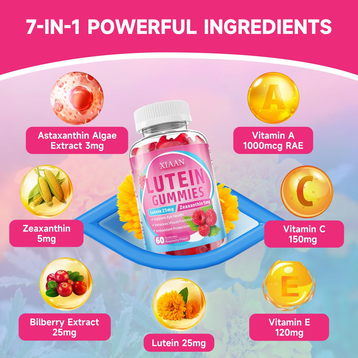 Gummies XIAAN avec ingrédients naturels sur fond blanc