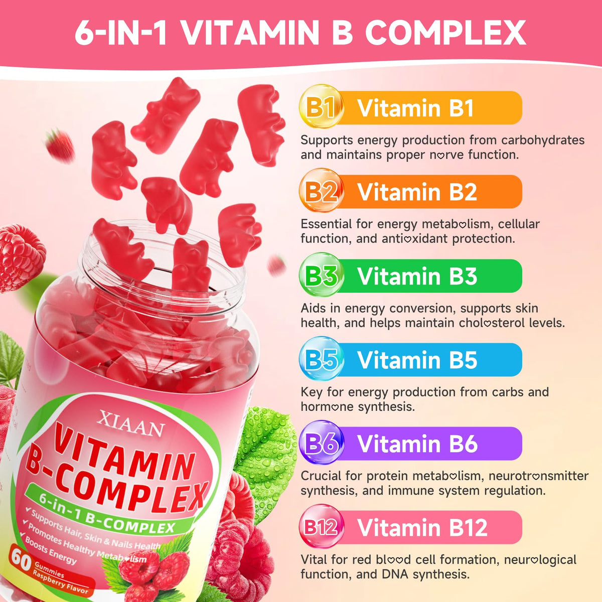 Gummies XIAAN Complexe de Vitamines B 120 Gummies Framboise à l'intérieur