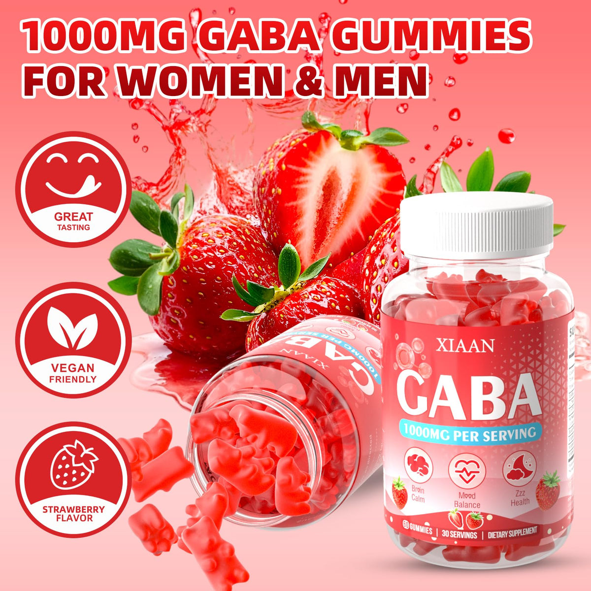 Gummies XIAAN GABA 1000mg avec fruits frais en arrière-plan