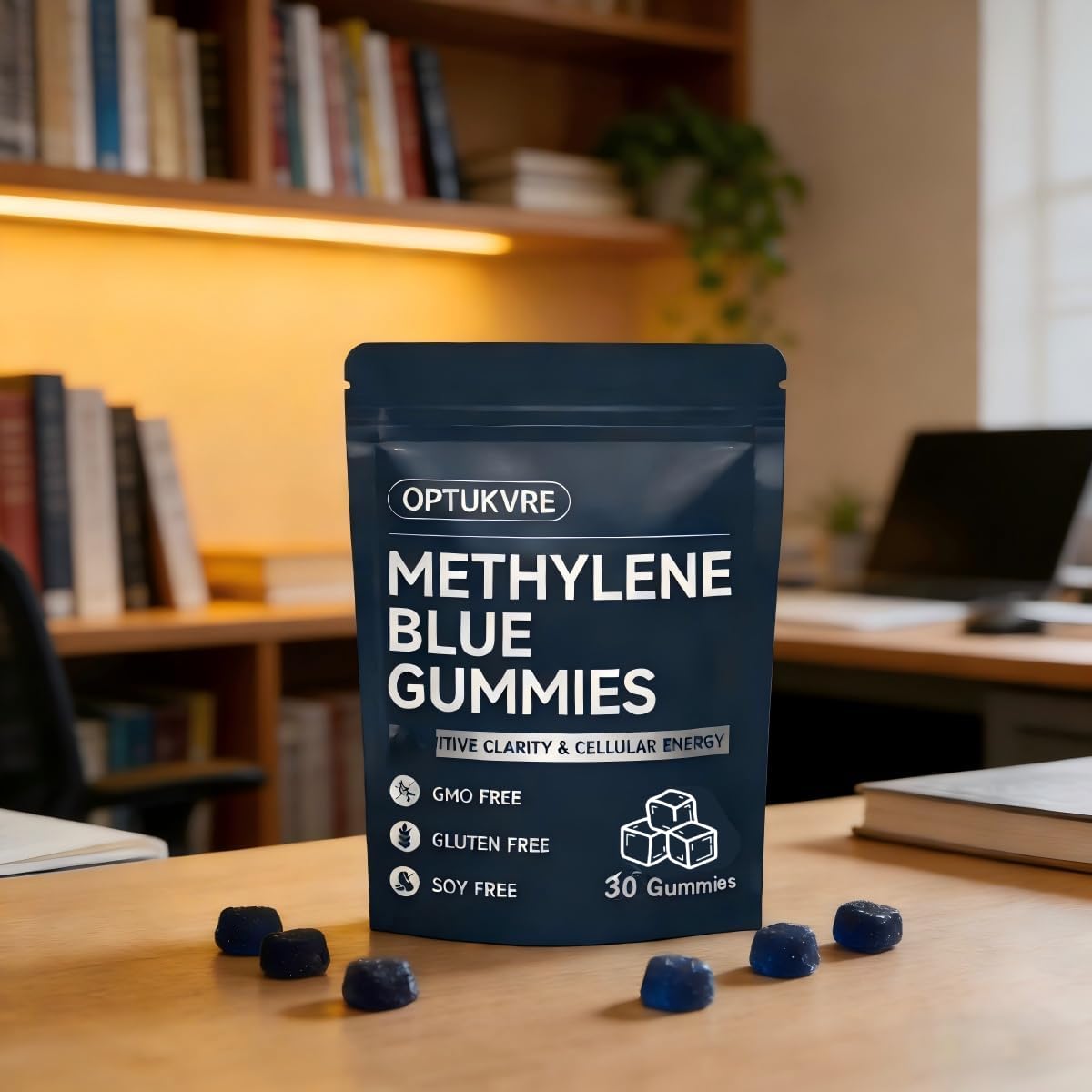 Gummies Yeloart au bleu de méthylène sur une surface en bois