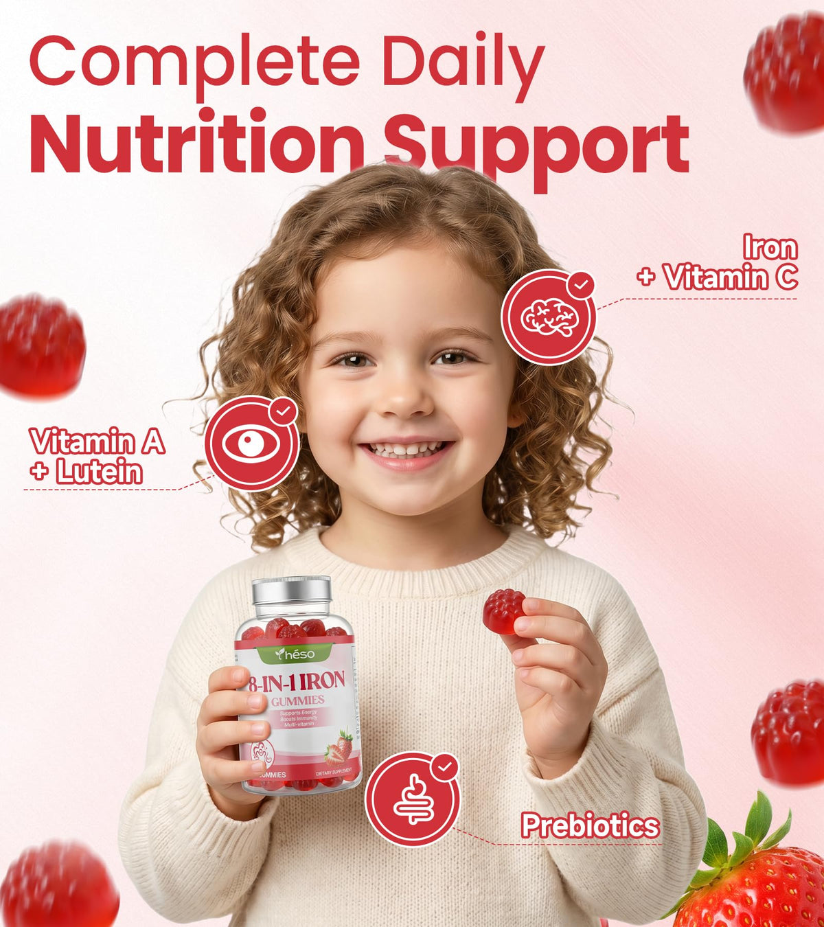 Gummies Yheso en forme de fraise, présentées sur une table