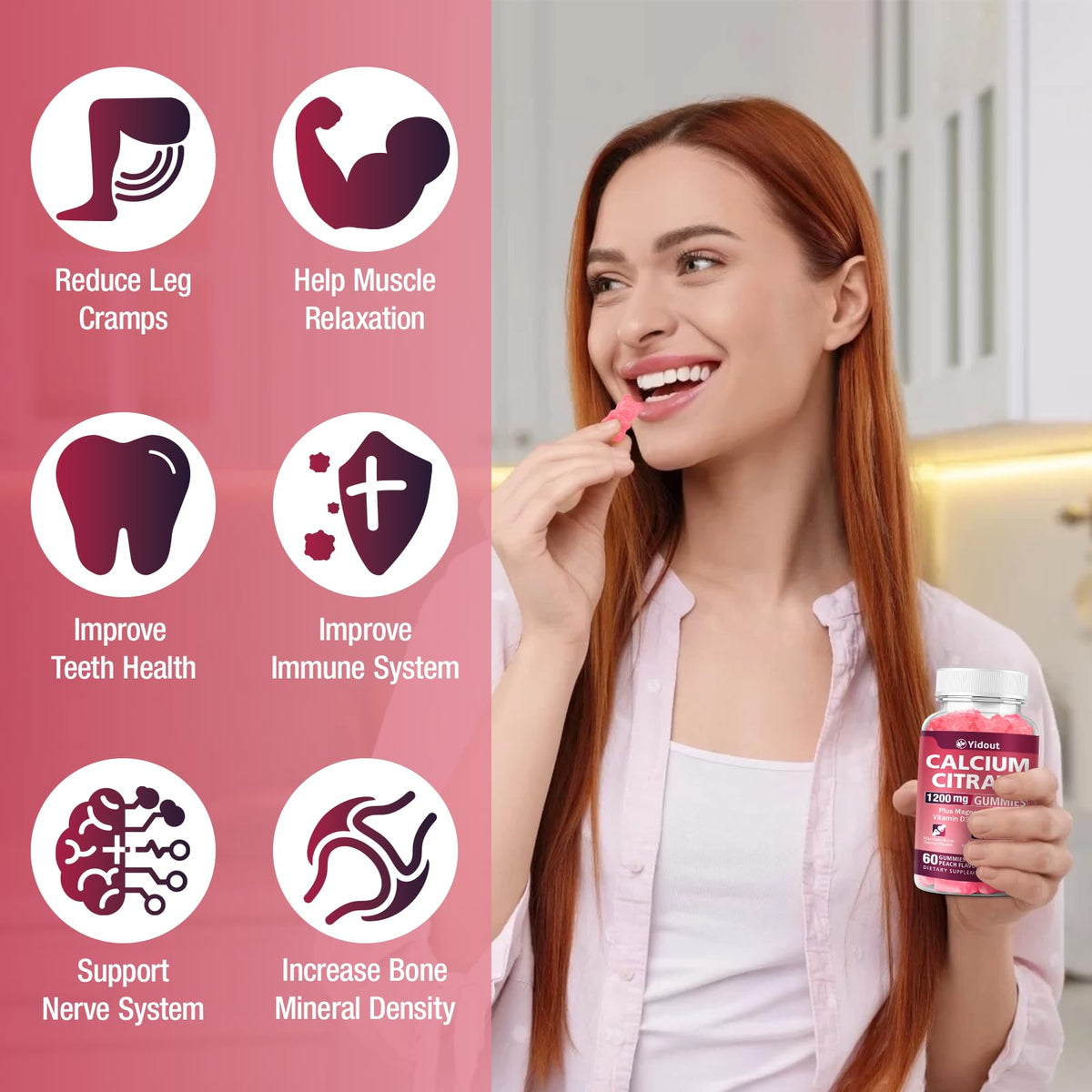 Gummies Yidout Calcium Citrate 1200mg, goût pêche, sur une table