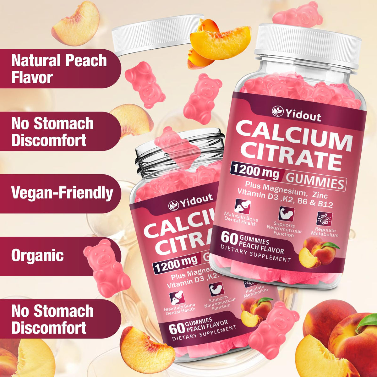 Gummies Yidout Calcium Citrate 1200mg, présentation avec fruits