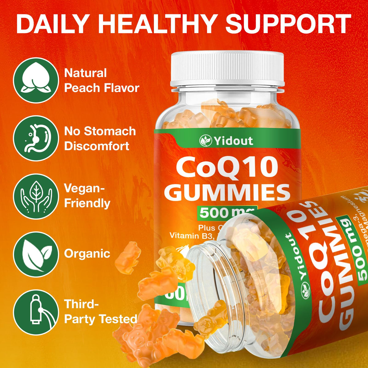 Gummies Yidout CoQ10 sur une surface en bois