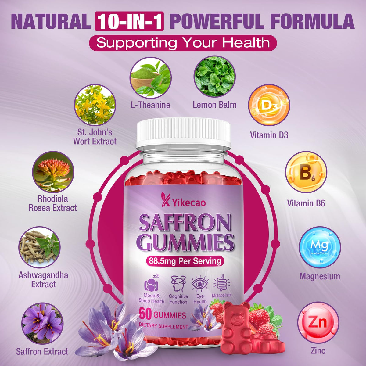 Gummies Yikecao au saffran avec étiquette des valeurs nutritionnelles