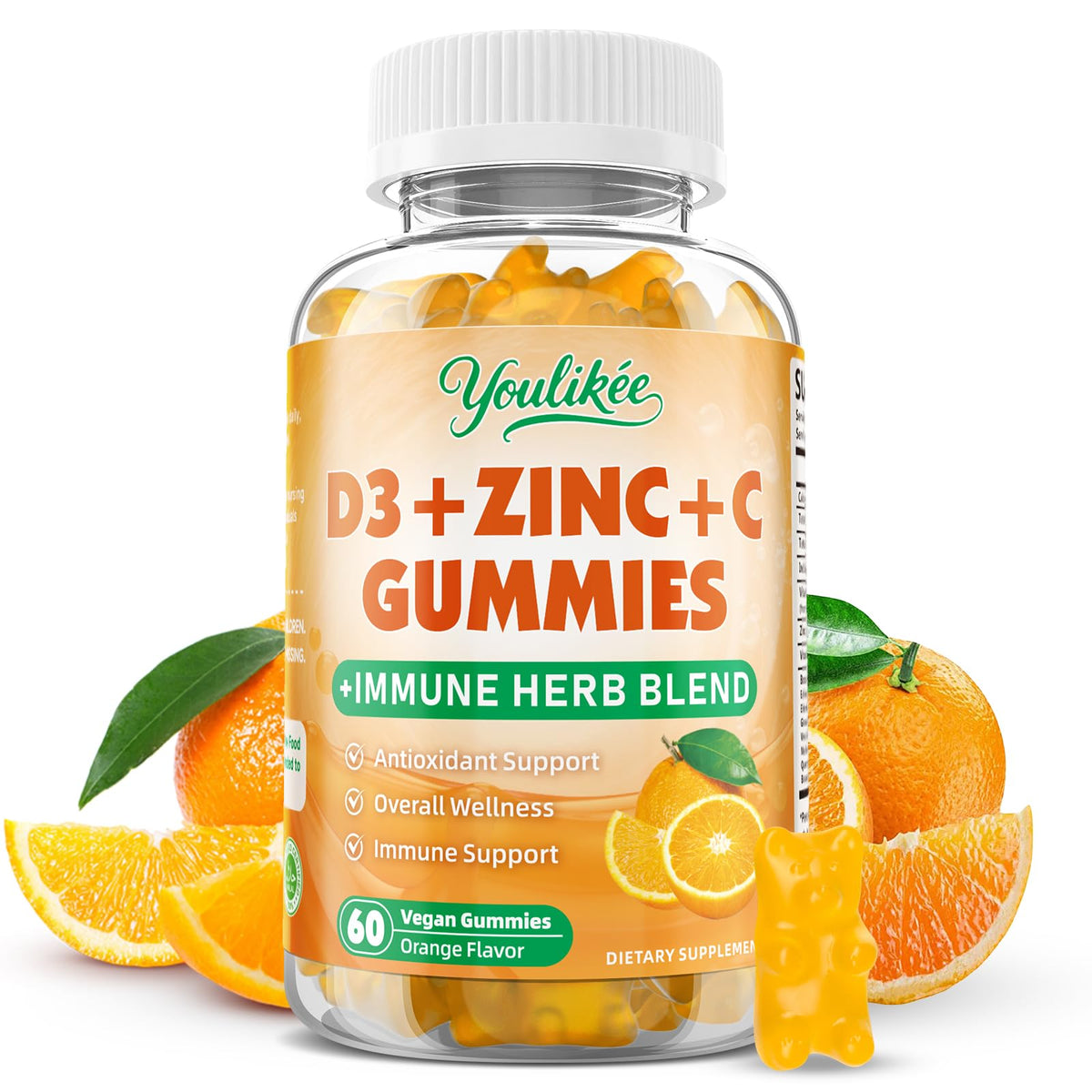 Gummies Youlikee Vitamine C et D3 au goût orange, 60 unités