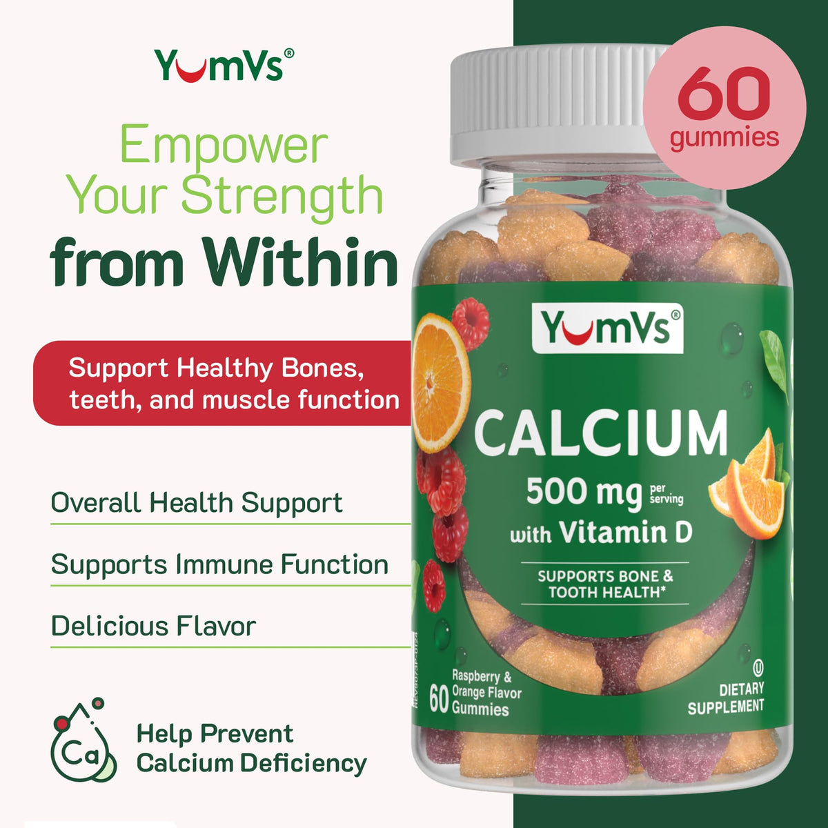 Gummies YUM-V'S Calcium 500mg, vue de face avec étiquette