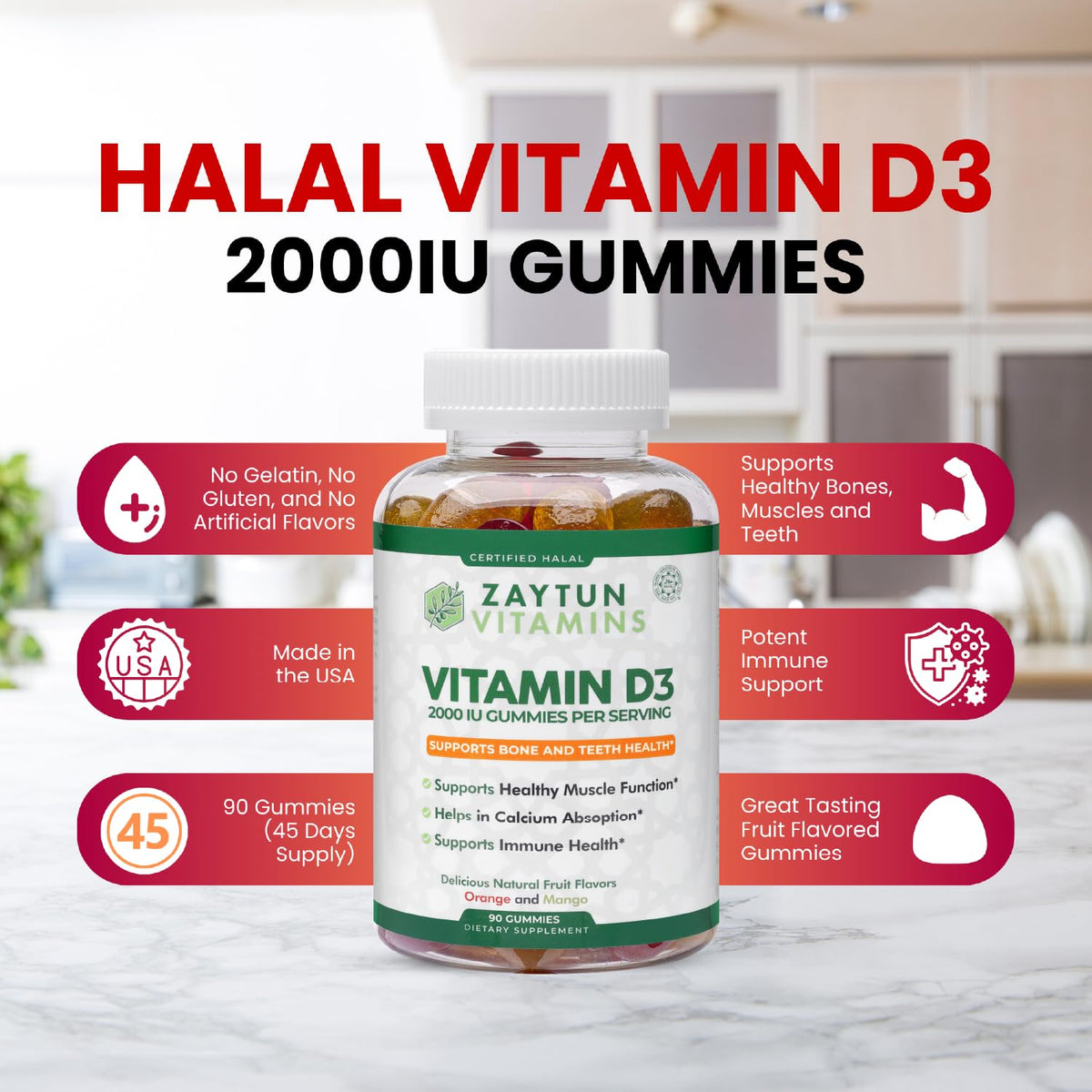 Gummies Zaytun Halal Vitamine D3 2000 IU, dosage par portion
