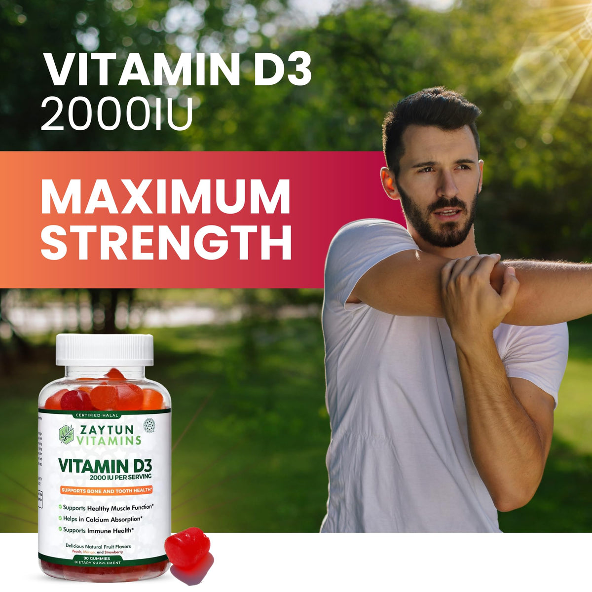 Gummies Zaytun Halal Vitamine D3 2000 IU, flacon ouvert avec gummies