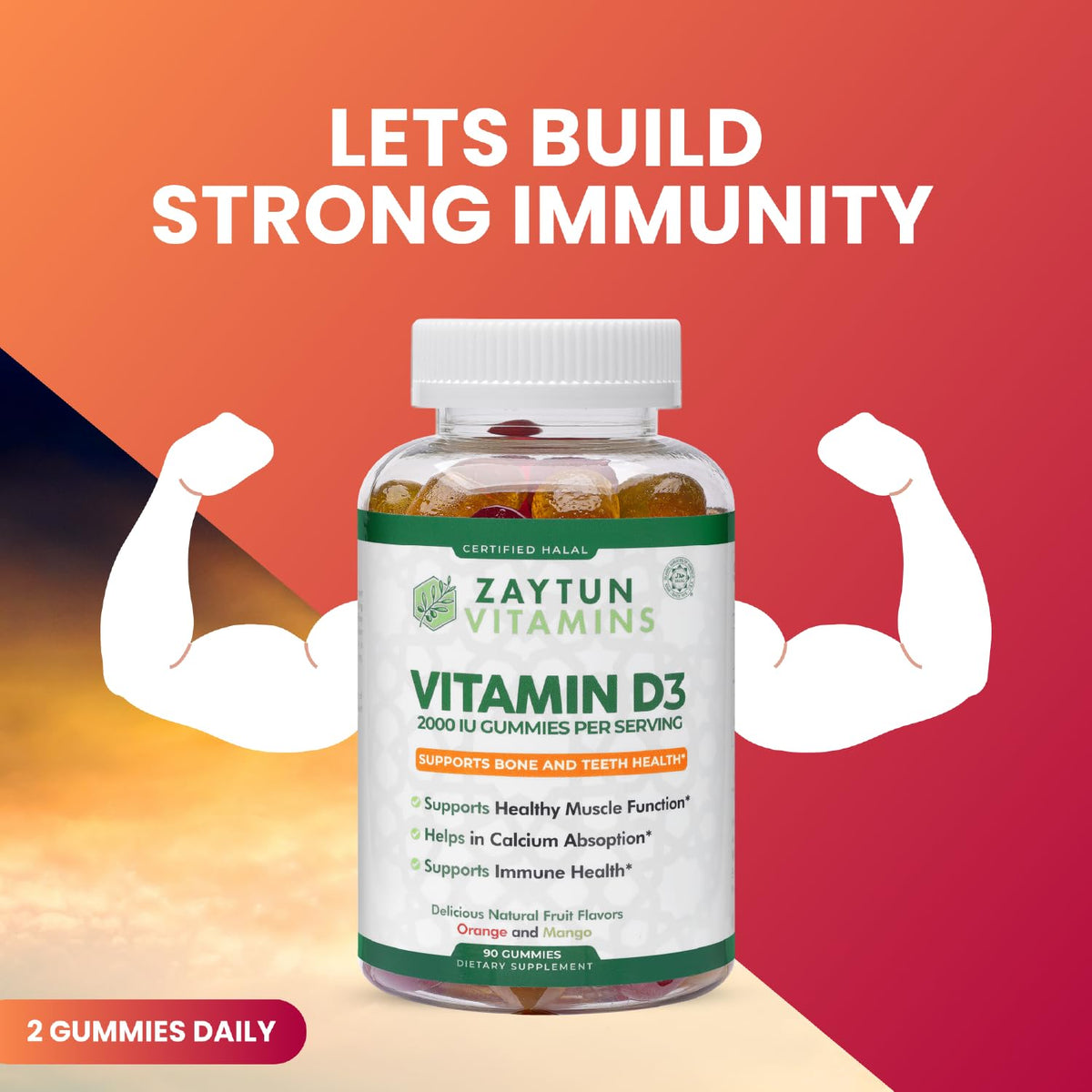 Gummies Zaytun Halal Vitamine D3 2000 IU, ingrédients sur l'étiquette