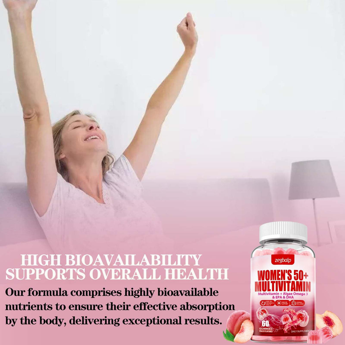 Gummies ZEGBALP 50+ sur une table avec fruits