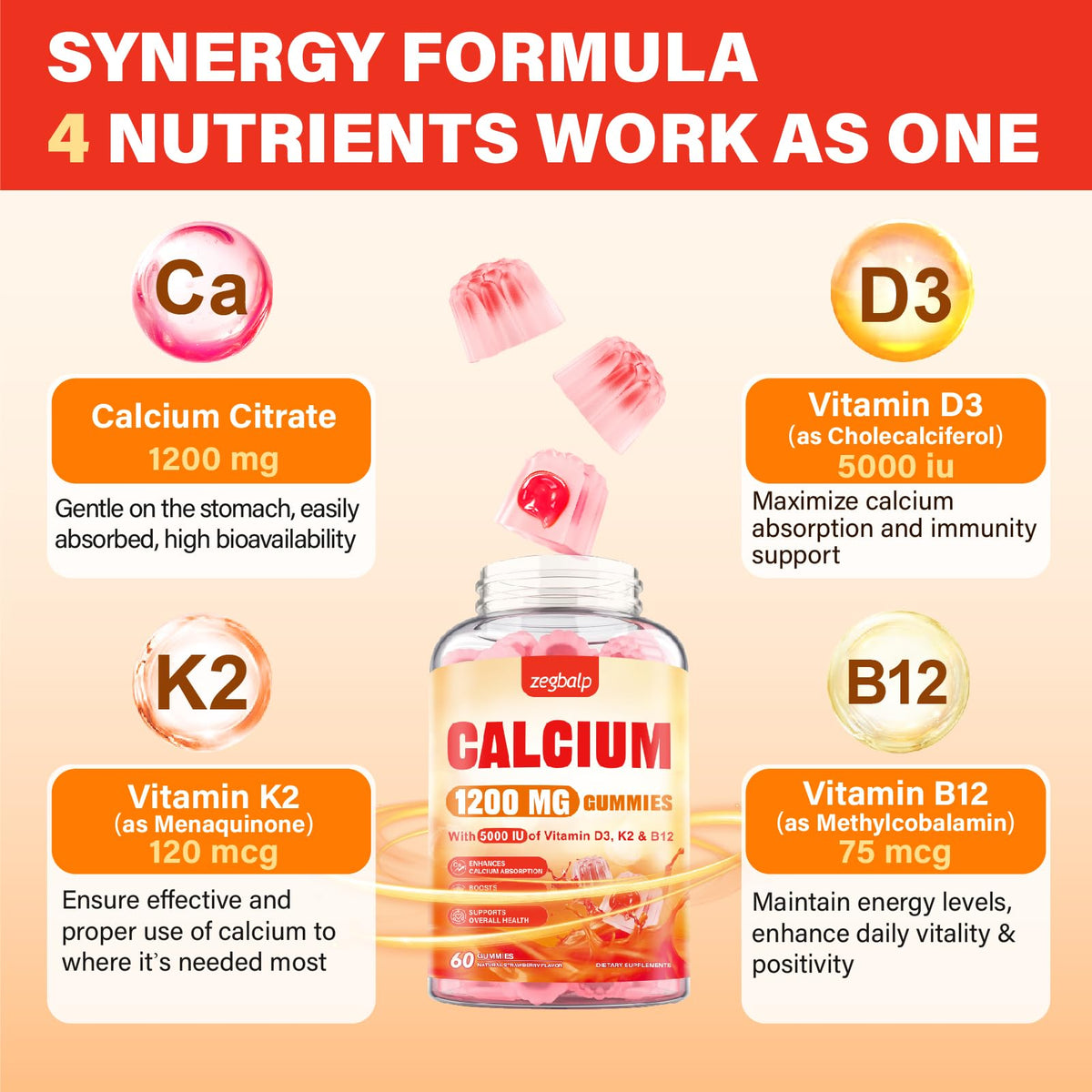 Gummies ZEGBALP au calcium 1200 mg, texture et couleur naturelle